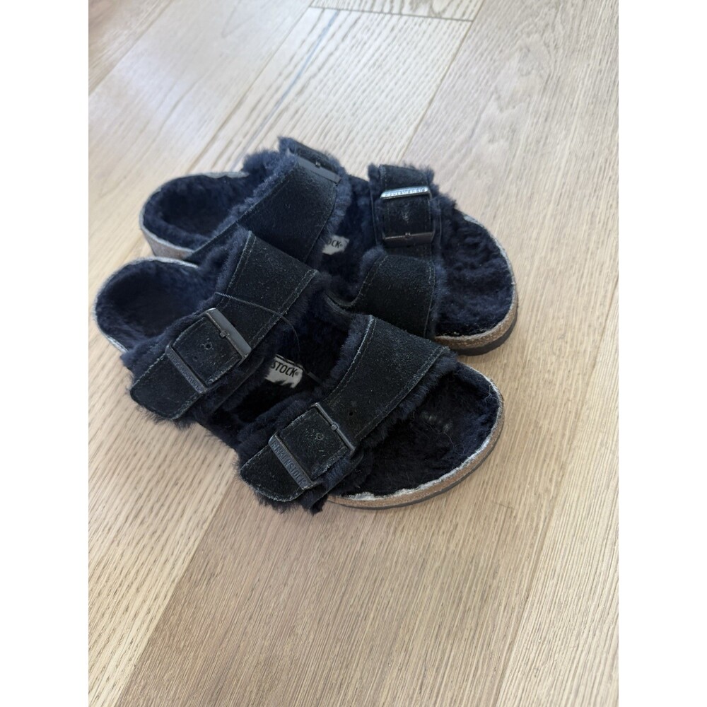 Birkenstock Arizona Black Suede Shearling Sandals Women’s Shoes 36 5 6 Buckle - Picture 4 of 6